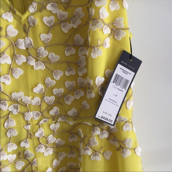 BCBG BCBGMAXAZRIA WOMEN'S EMBROIDERED TULLE RUFFLE DRESS IN AURORA Yellow Gown - Picture 8 of 8